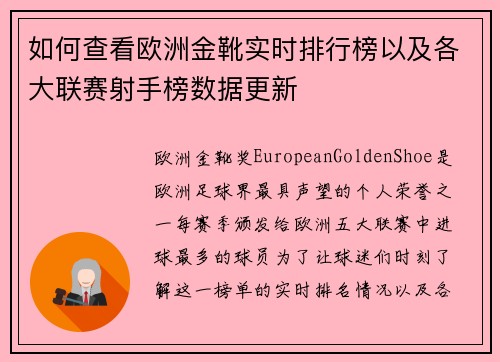 如何查看欧洲金靴实时排行榜以及各大联赛射手榜数据更新