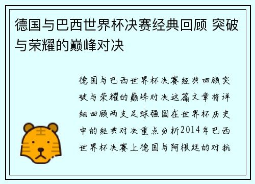 德国与巴西世界杯决赛经典回顾 突破与荣耀的巅峰对决
