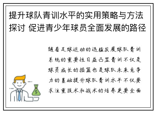 提升球队青训水平的实用策略与方法探讨 促进青少年球员全面发展的路径分析