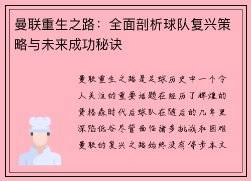 曼联重生之路：全面剖析球队复兴策略与未来成功秘诀