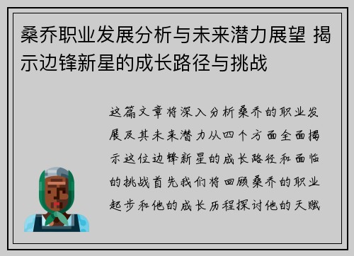 桑乔职业发展分析与未来潜力展望 揭示边锋新星的成长路径与挑战